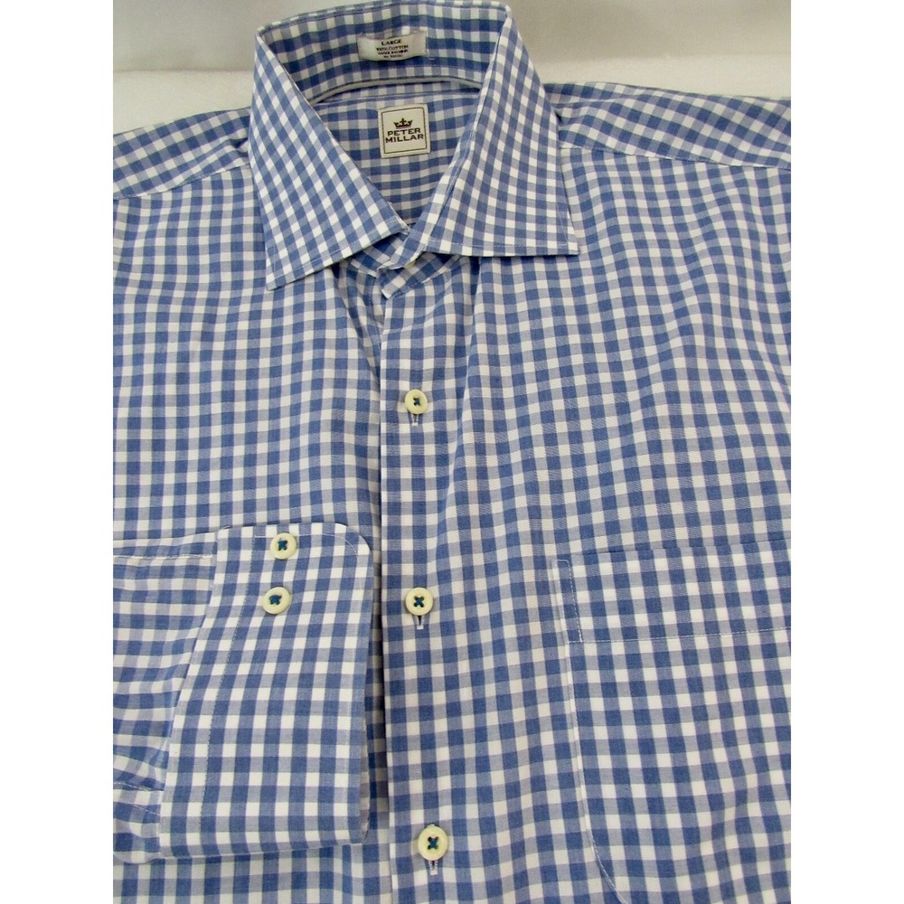 Peter Millar Blue Gingham100%  Cotton‎ Spread Collar Oversized Shirt Size XL